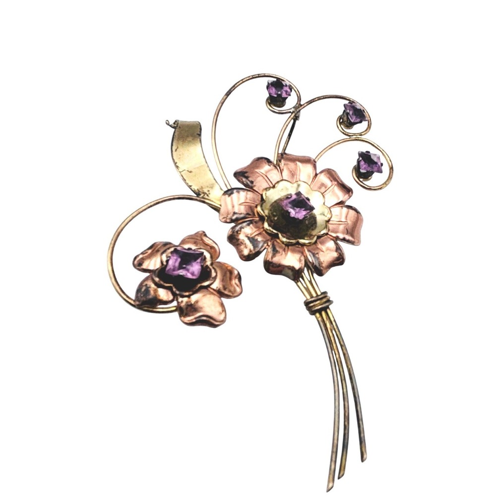Van Dell Vintage 1/20 12K Gold Filled Tri-Color Floral Purple Rhinestone Brooch